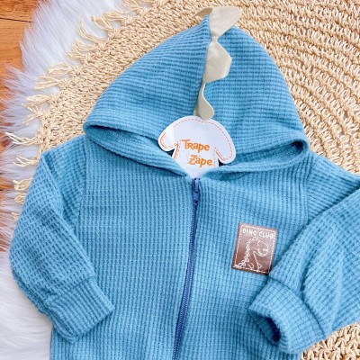 Conj. Jaqueta com Capuz de Dino e Calça em Malha Wafle - Azul